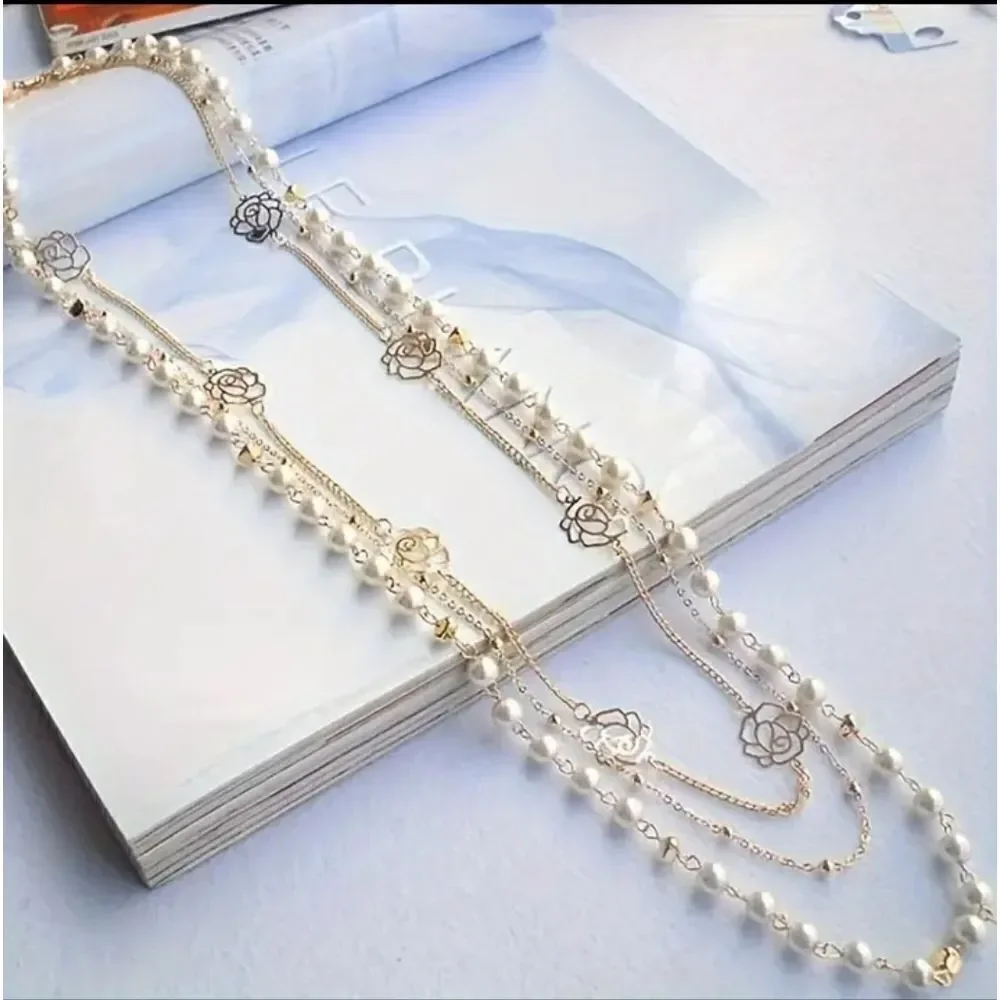 Long Imitation Pearl & Camillia Flower Necklaces